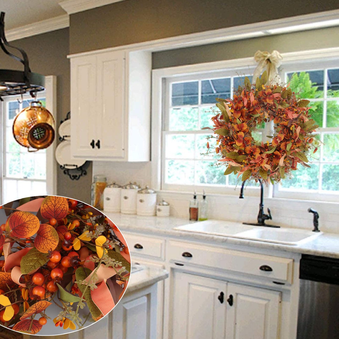 Fall Wreaths for Front Door, 24 Inch Fall Wreath with Flowers and Berry Large Autumn Harvest Thanksgiving Wreath for Farmhouse Festival Halloween Home Wall Decor
