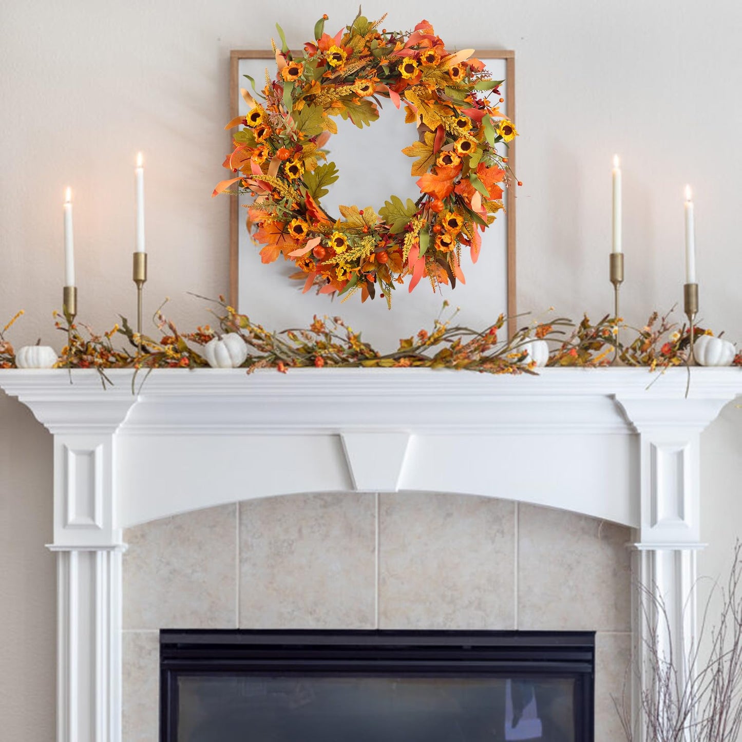 Fall Wreaths for Front Door, 24 Inch Fall Wreath with Flowers and Berry Large Autumn Harvest Thanksgiving Wreath for Farmhouse Festival Halloween Home Wall Decor