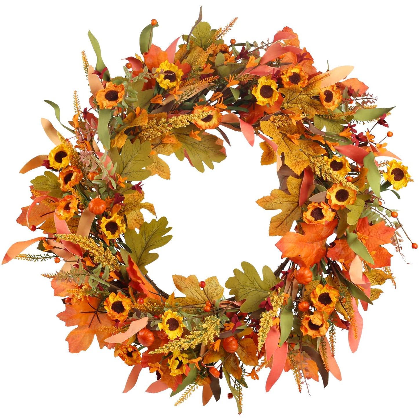 Fall Wreaths for Front Door, 24 Inch Fall Wreath with Flowers and Berry Large Autumn Harvest Thanksgiving Wreath for Farmhouse Festival Halloween Home Wall Decor