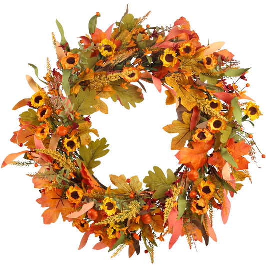Fall Wreaths for Front Door, 24 Inch Fall Wreath with Flowers and Berry Large Autumn Harvest Thanksgiving Wreath for Farmhouse Festival Halloween Home Wall Decor