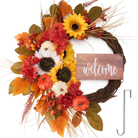 Fall Leaves Wreaths for Front Door Outside 22-24", Artificial Autumn Wreaths with Orange Fall Berries Leaves Physalis Thanksgiving Wreath for Front Door Wall Window Decor for Harvest Farmhouse