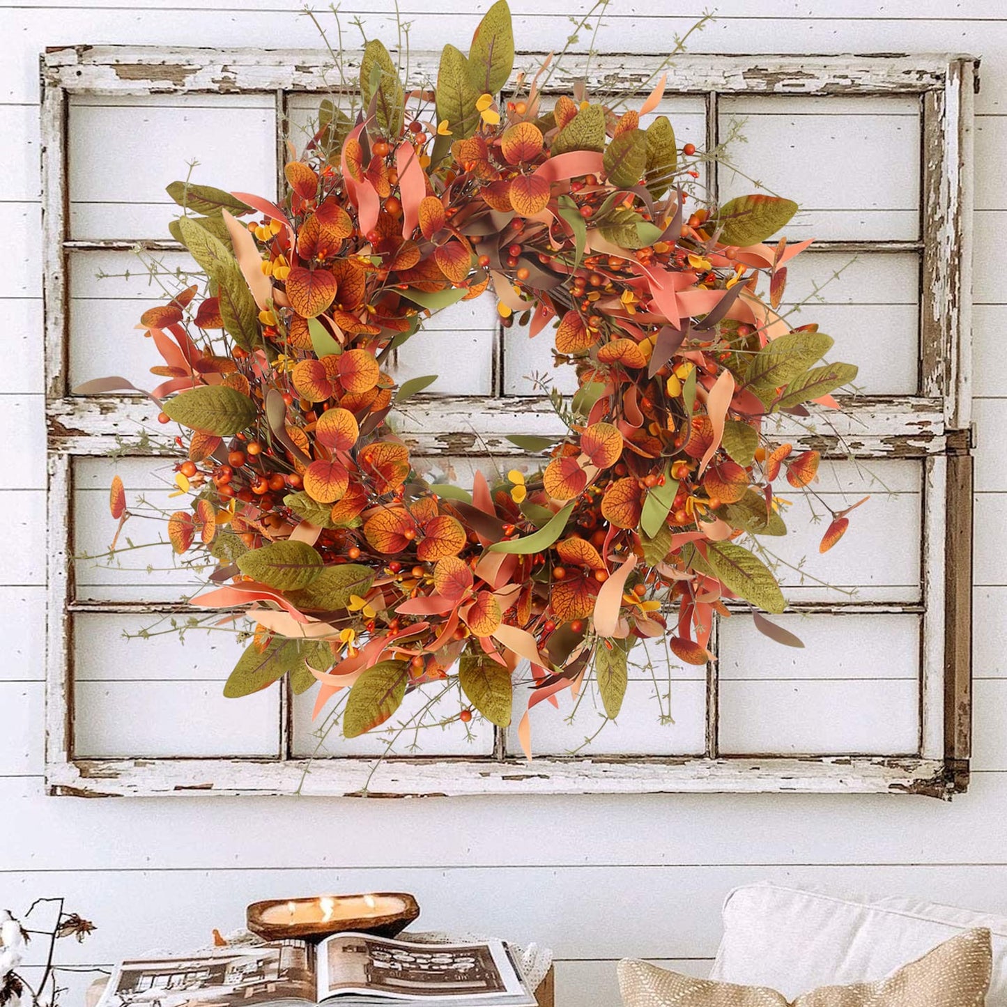 Fall Wreaths for Front Door, 24 Inch Fall Wreath with Flowers and Berry Large Autumn Harvest Thanksgiving Wreath for Farmhouse Festival Halloween Home Wall Decor