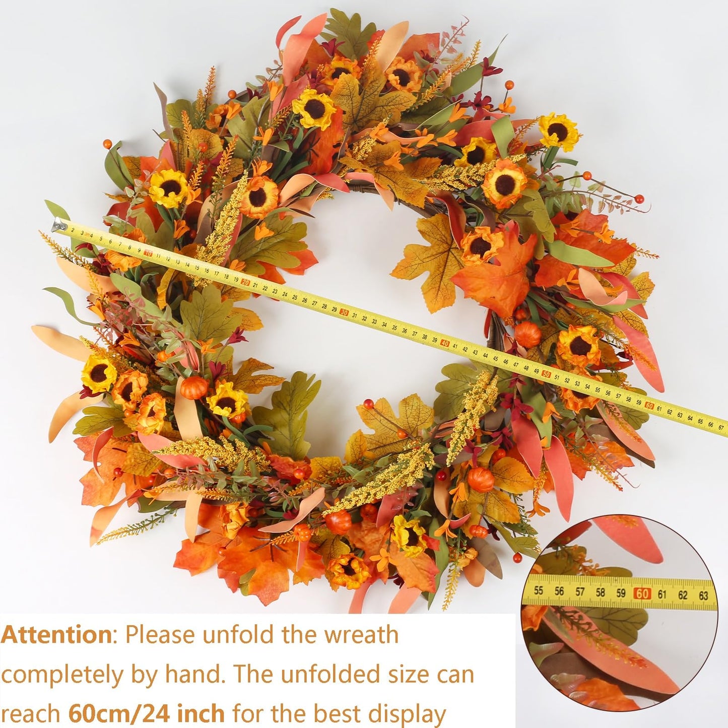 Fall Wreaths for Front Door, 24 Inch Fall Wreath with Flowers and Berry Large Autumn Harvest Thanksgiving Wreath for Farmhouse Festival Halloween Home Wall Decor