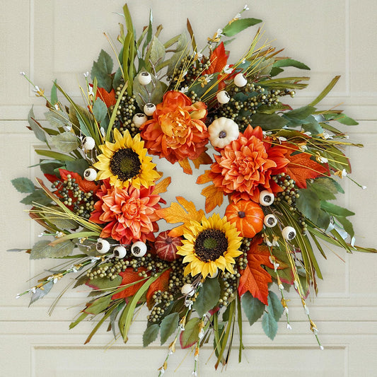 Fall Wreaths for Front Door, Soomeir Artificial Autumn Thanksgiving Wreath with Peonies Sunflowers Pumpkin Berries, Door Hydrangea Wreath for Outside Halloween Decorations, Fall Decor