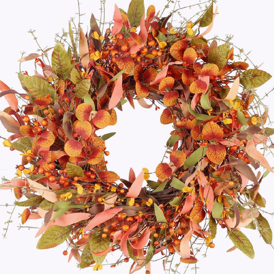 Fall Wreaths for Front Door, 24 Inch Fall Wreath with Flowers and Berry Large Autumn Harvest Thanksgiving Wreath for Farmhouse Festival Halloween Home Wall Decor
