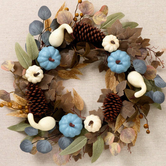 DecorbyHannah Collapsible Thanksgiving Wreaths for Front Door, 24 inch Pre-Lit Fall Wreath with Pumpkin Pinecone Lotus Hydrangea Maple Leaves for Harvest Home Wall Window Indoor Outdoor Decor
